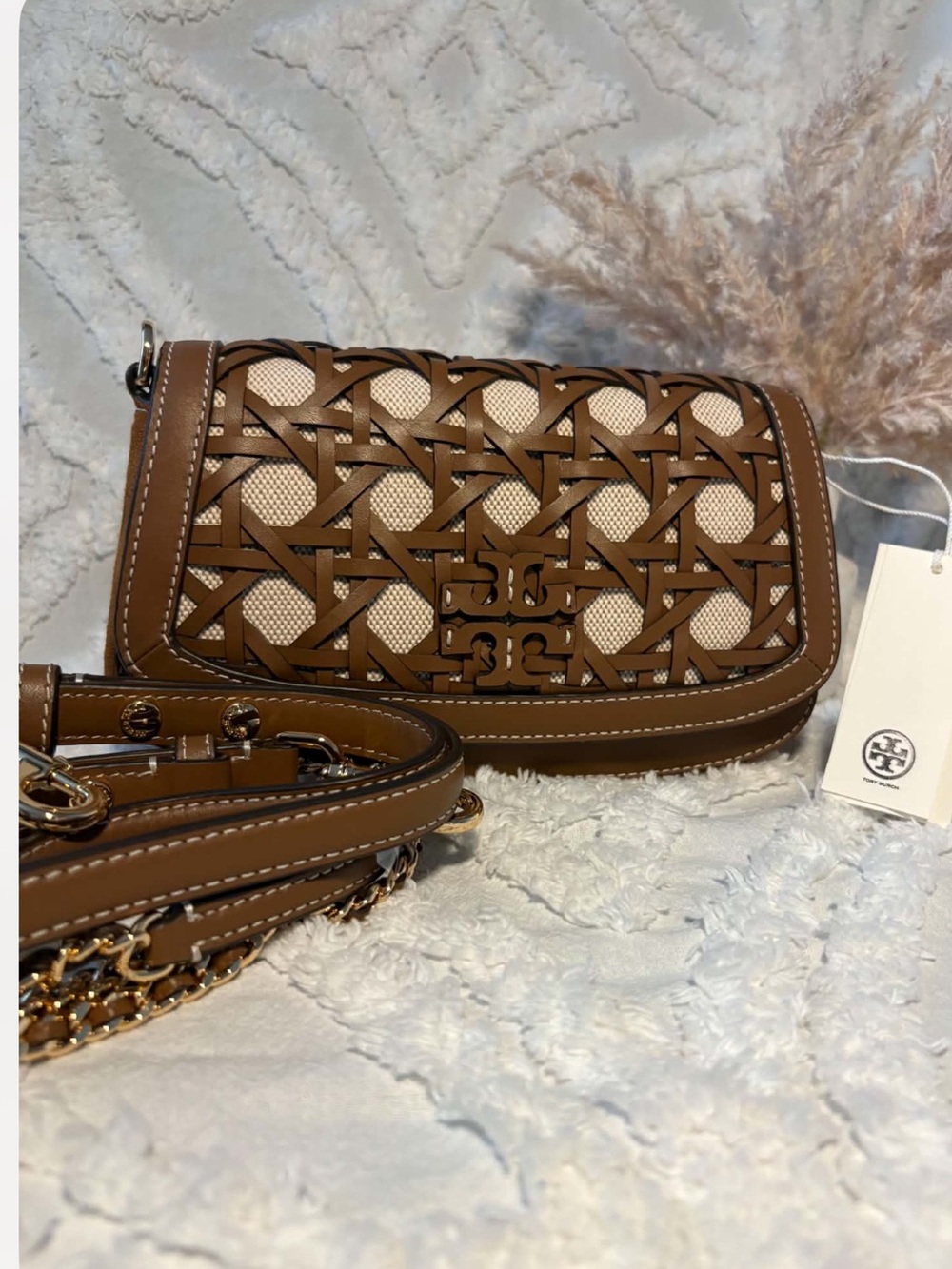 Tory Burch Brown and Cream Woven Crossbody Bag
